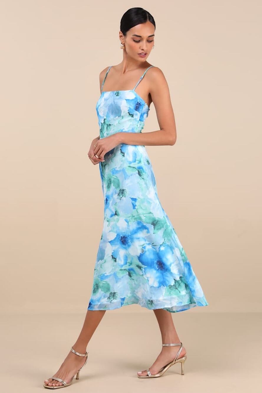 NWT Lulus Radiant Feelings Blue and Green Floral Chiffon Midi Dress Cocktail M